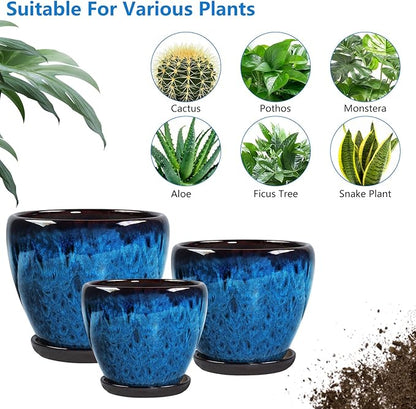 Ceramic Plant Pots with Saucer,10 inch Glaze Large Planters for Indoor Plants with Drainage Holes, Decorative Flower Pots Outdoor,Modern Orchid Pots for Home Room Decor