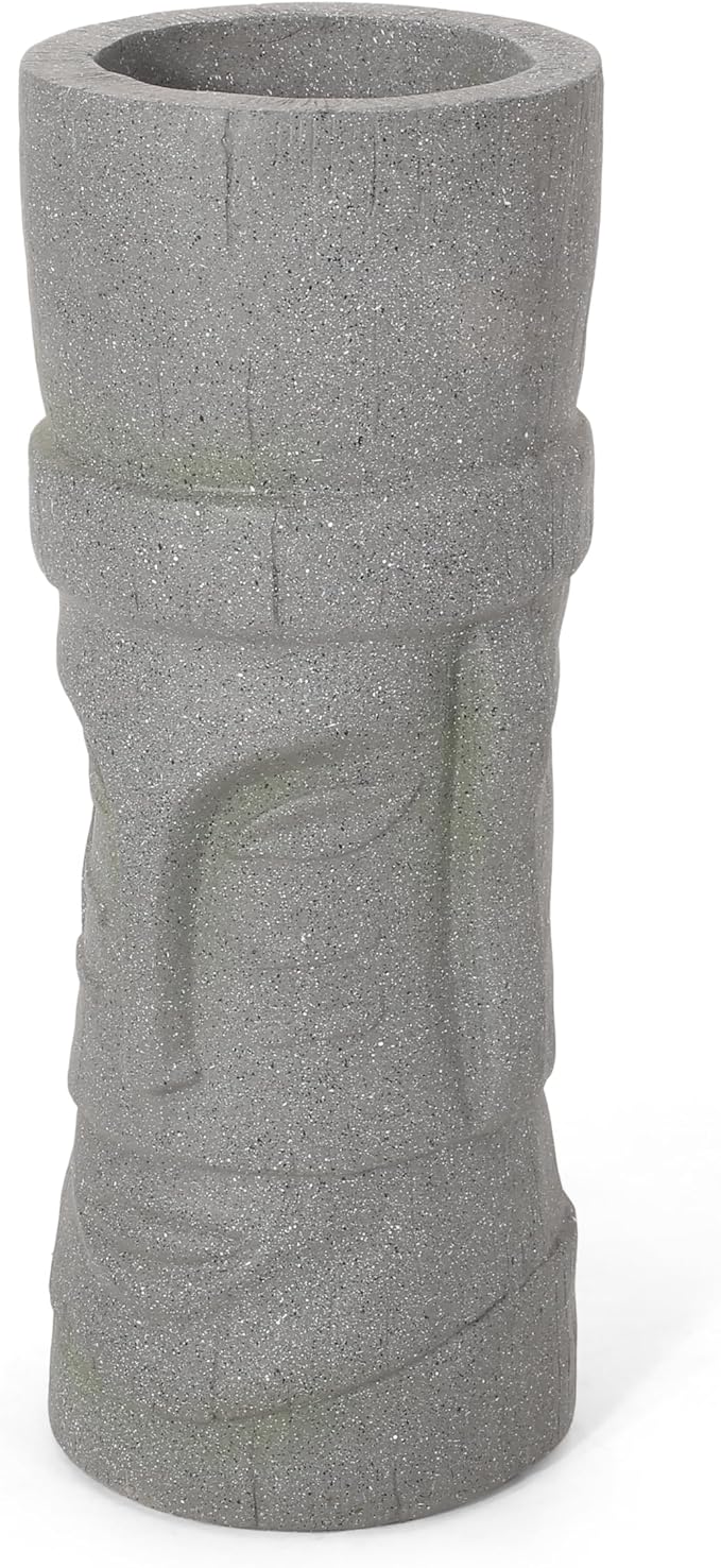 Christopher Knight Home Jorine Lightweight Concrete Planter, Cast Stone Planter, Moai Design Urn, Tall Plant Pot, Easter Island Garden Pot with Drainage Hole for Backyard Hall Garden, Stone Gray