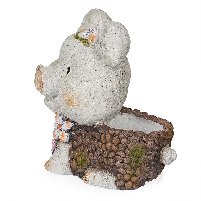Alpine Corporation WQA1596 Smiling Pig Statue Planter w/Drainage Hole, Stylish Decor for Garden, Patio, & Lawn, 13" H, Gray