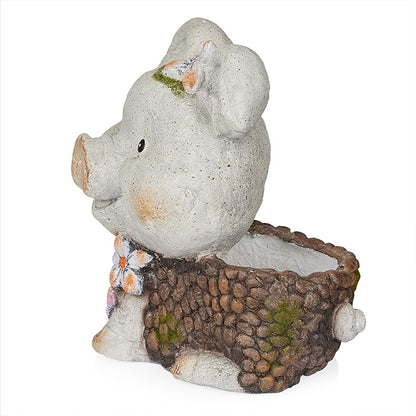 Alpine Corporation WQA1596 Smiling Pig Statue Planter w/Drainage Hole, Stylish Decor for Garden, Patio, & Lawn, 13" H, Gray