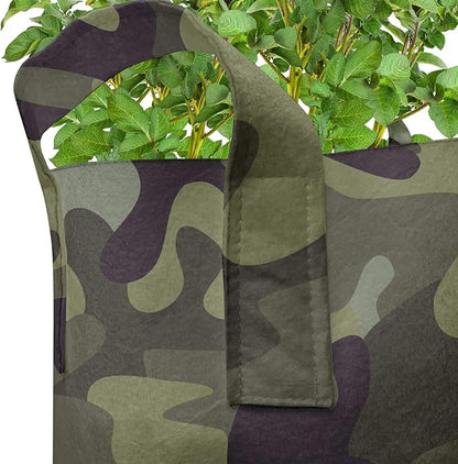 Ambesonne Khaki Grow Bags 5-Pack, Camouflage Motif Camo Stains, Heavyduty Fabric Pots with Handles for Plants, Green Brown