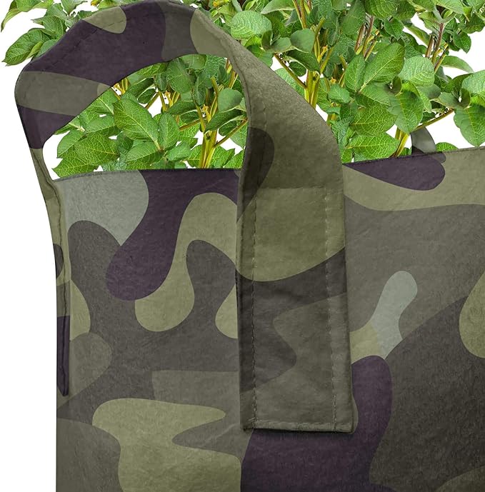 Ambesonne Khaki Grow Bags 5-Pack, Camouflage Motif Camo Stains, Heavyduty Fabric Pots with Handles for Plants, Green Brown