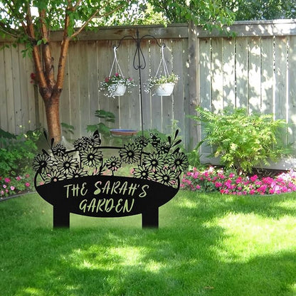 Custom Metal Flower Garden Sign with Stake, Personalized Garden Signs for Outside, Customized Garden Name Signs for Yard Lawn Outdoor Decor Gardening Gifts for Moms Grandmas Gardeners