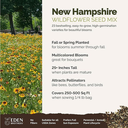 Eden Brothers New Hampshire Wildflower Mixed Seeds for Planting, 1/4 lb, 120,000+ Seeds with Cosmos, Lupine | Attracts Pollinators, Plant in Spring or Fall, Zones