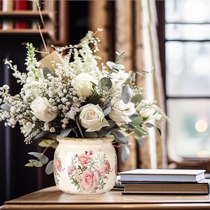7.7" Large Ceramic Plant Pot Beige Pink Vintage Rose Crackle Glaze Rustic Flowers Pot Decorative Planter with Drainage for Indoor Outdoor Plants Home Kitchen Office Decor Gift