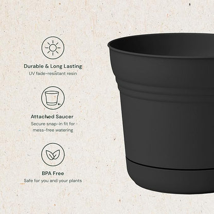 Bloem Saturn 5" Black Round Resin Planter Pot with Snap-in Saucer for Indoor and Outdoor Gardening