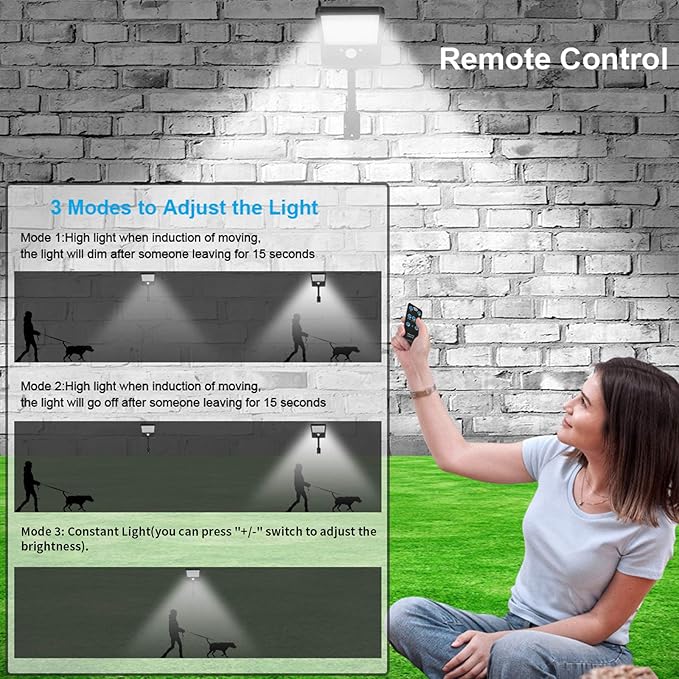 Aqonsie 56LED Solar Flood Light, Outside Security Motion Sensor Lights with Remote, 3 Lighting Modes with Remote for Backyard Gutter Garage Shed 2 Pack
