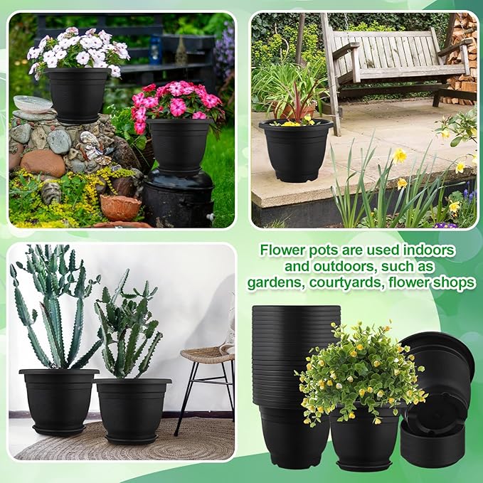 12 Pack 12' Plastic Plant Pots Round Planter Pots with Saucer Tray Seedling Pot Hole Seed Resin Plant Pot Starting Nursery Flower Container with Pallet for Garden Outdoor Indoor(Black)