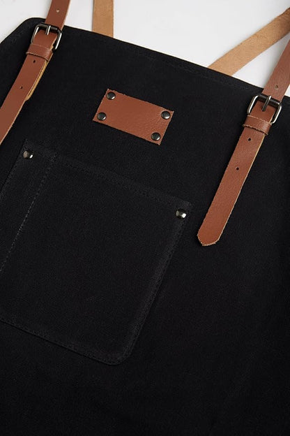Theodore Waxed Canvas Work Apron - Cross Back with Leather Straps, 14oz Heavy Duty Canvas, Multi-Pocket Utility