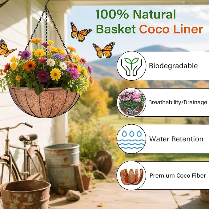 Halatool 14 Inch Hanging Basket Coco Liners Replacement, Round Coconut Liners for Planters Baskets, Made of 100% Natural Coco Fiber for Flowers Vegetables Garden, Drainage & Retain Moisture (6 Pack)