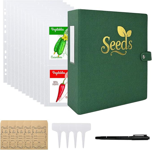 Seed Storage Organizer Binder,Seed Packet Organizer with Hang Tab Bag,55 Pack Sheet Sleeves That Can Store 220 Seed Envelopes -50 Seed Saving Envelopes-50 Plant Labels-1 Double Side Pen，11.65×13.8in