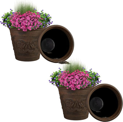 Sunnydaze 19.5-Inch Arabella Large Plastic Pot for Plants - Outdoor Double-Walled Polyresin Large Plastic Planter with Drillable Drainage Holes - Rust - 4-Pack