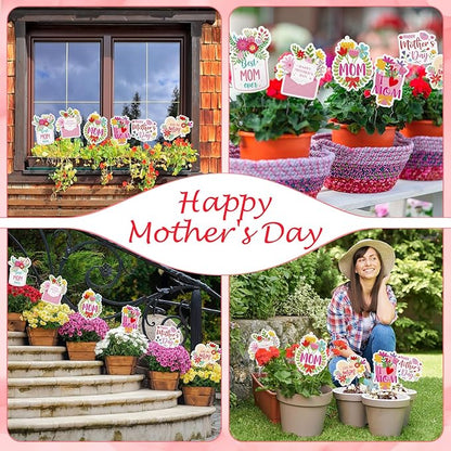 Weysat 6 Pcs Mother's Day Plant Stakes Flower Pots Signs Metal Garden Stakes Outdoor Decorative I Love You Mom Heart Flowers for Home Outdoor Lawn Decor Mothers Day Party Supplies