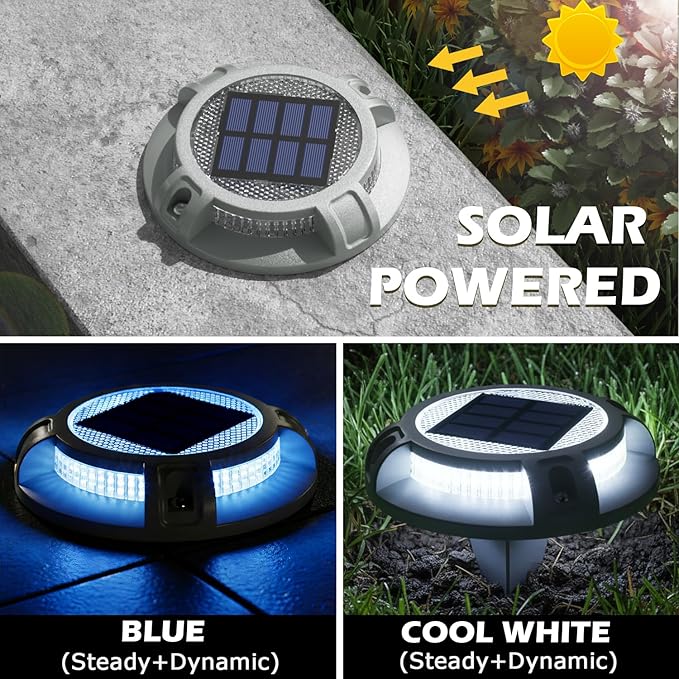 SIEDiNLAR Solar Driveway Lights Outdoor 4 Modes 40 LEDs Deck Driveway Markers Waterproof Marine Dock Light for Walkway Pathway Ground Step Garden Yard, Blue/White Dynamic Lighting (16 Pack)