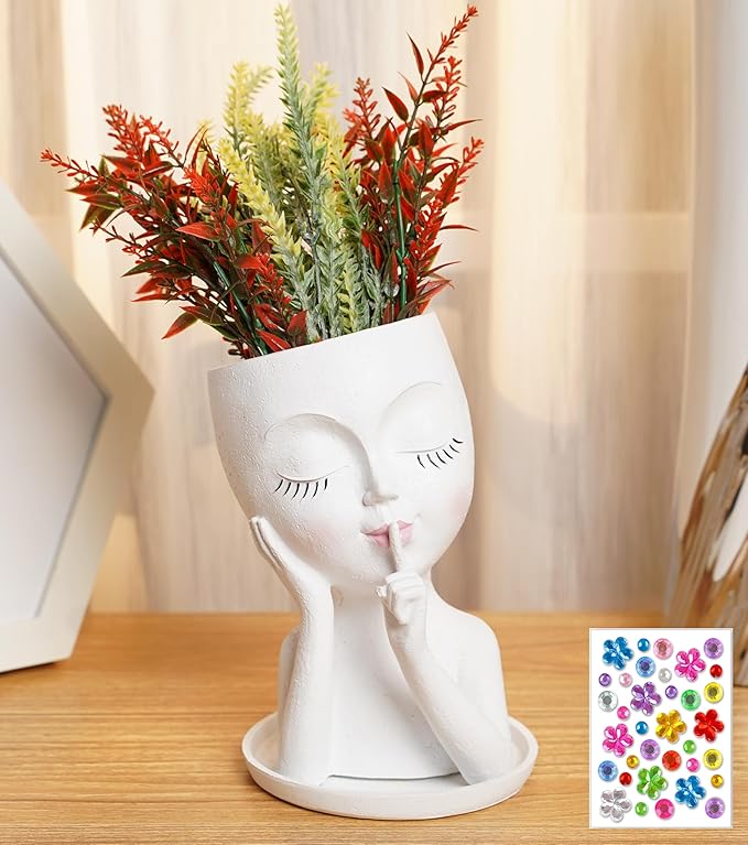 Face Planter Pot Head Planters, Lady Heads Flowerpot, Cute Girl Faces Plant Pot, Quiet Women Succulent Pots for Indoor Outdoor Plants, Modern Vase with Drainage