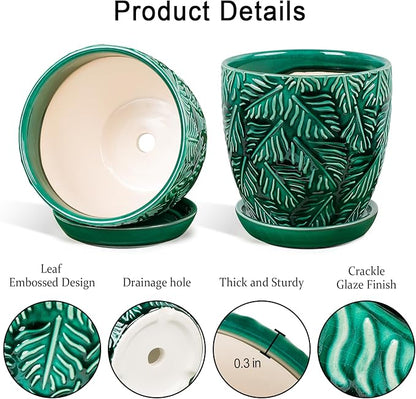 Ceramic Plant Pots, 6 Inch Indoor Plant pots with Drainage Hole and Saucer, Flower Pots, Leaf Embossed - Green Glaze, Set of 2
