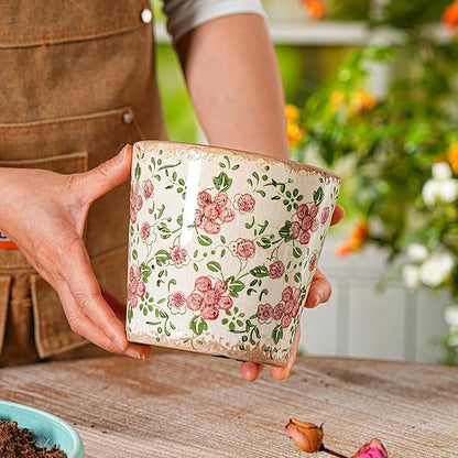 Sungmor Vintage Ceramic Planter Set of 2 - Decorative Indoor & Outdoor Flower Pots with Drainage Holes - Tuscan Décor Pots, 5.5" Ice Crackle Glaze Planters for Home, Kitchen, Patio, and Garden