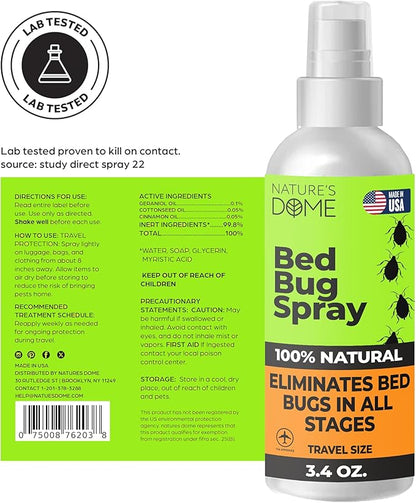 Nature's Dome Bed Bug Spray – 100% Kill Rate, Natural Bed Bug & Mite Killer, Destroys Eggs, Kills Resistant Strains, Long-Lasting Protection, Safe for Home Use (3.4 Fl Oz (Pack of 1))