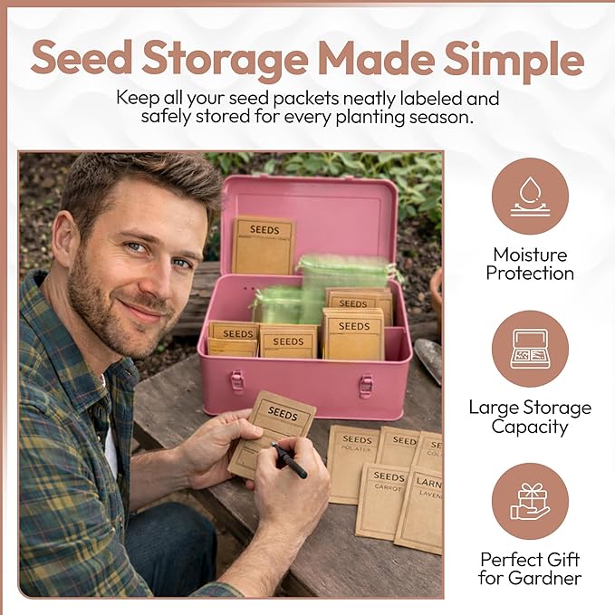 Seed Storage Organizer –Waterproof Metal Seed Box with Storage Bags, Dividers, 4 Compartments with Lid and Safety Locks , Portable Side Handles, Perfect for Garden Seeds, Lables & Tools -Matte Pink