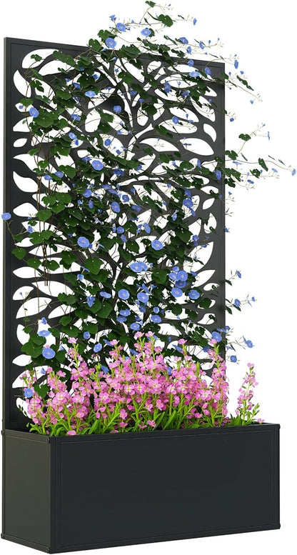 Outsunny Metal Raised Garden Bed with Trellis for Climbing Plants, Freestanding or Wall Mounted Flower Bed with Privacy Panel, Leaves Cut-Outs Outdoor Planter Box for Garden, Patio, Balcony