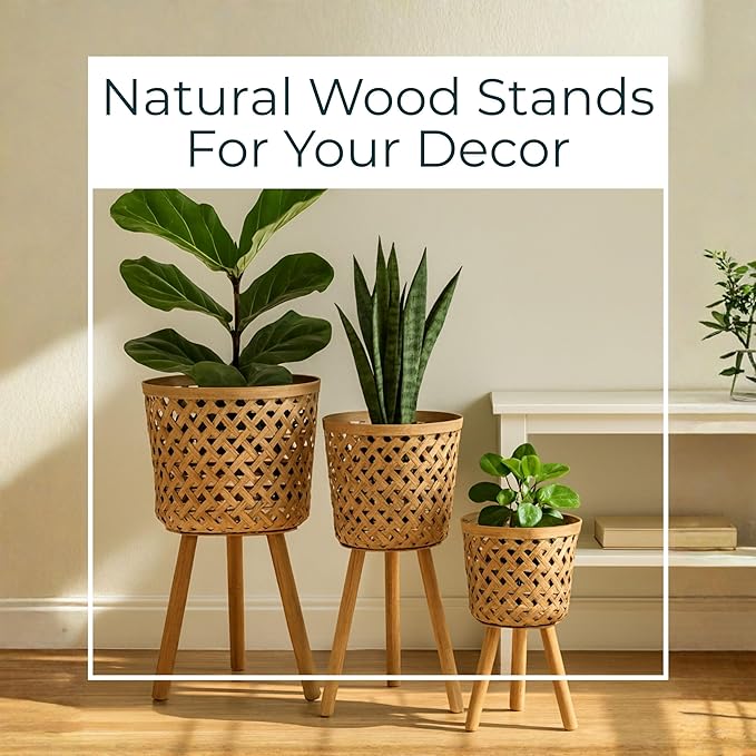 Set of 3 Woven Basket Decorative Planter Pot with Stand – Handcrafted Bamboo Pine Wood Outdoor & Indoor Plant Pot – Boho Garden & Home Decor Planters – 19", 22", & 26", Brown