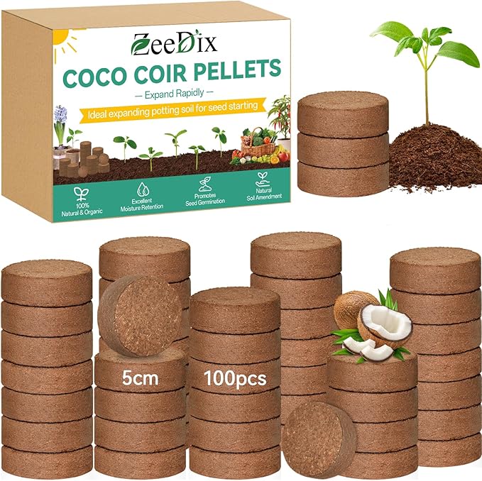 ZeeDix 100pcs(50mm) Coco Coir Pellets Potting Soil Indoor Plants, Compressed Coconut Coir Seed Starting Pellets Soil Discs for Planting Flowers Bonsai Herbs and Vegetables