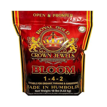 Royal Gold Crown Jewels Organic Bloom 1-4-2 Dry Soluble Fertilizer, 10 lbs - for Feeding Flowering Crops to Produce Vigorous Blossoms and Optimal Plant Development