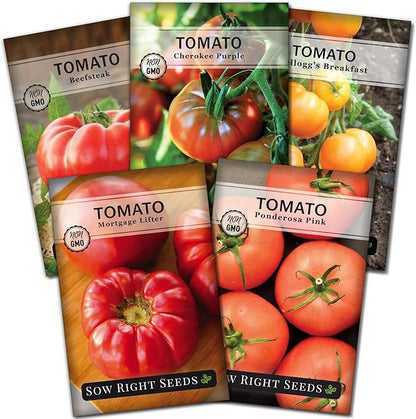 Sow Right Seeds - Beefsteak Style Tomato Seed Collection for Planting - Beefsteak, Kellogg's, Cherokee Purple, Mortgage Lifter & Ponderosa - Non-GMO Heirloom Varieties to Plant a Home Vegetable Garden