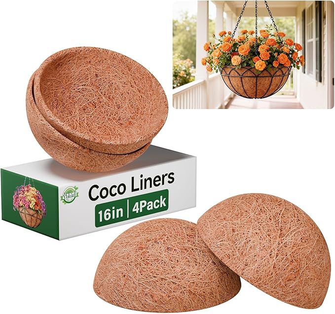 Halatool 4 Pack 16 Inch Coconut Liners for Planters Round Hanging Basket Liners 100% Natural Coco Liner for Flowers Vegetables Herbs