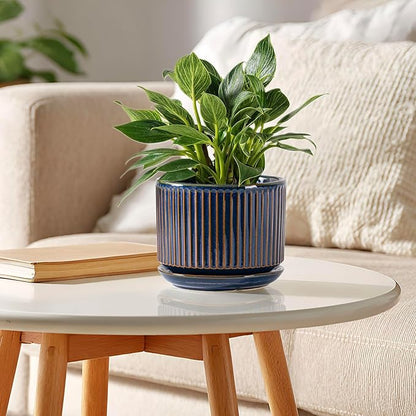 Navy Blue Ceramic Plant Pots Set of 3, 4.3+5.5+6.7 Inch Indoor Flower Pots with Drainage Hole & Saucer & Hole Mesh Pads, Striped Decorative Planter Set for Indoor Plants, Gardening Pots & Accessories