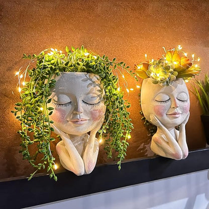Solar-Face Flower Pot Head Planter Pots - LED String Lights Warterproof Resin Succulent Cactus Planters Pots with Drainage Hole Cute Lady Closed Eyes Indoor Outdoor Garden Decor (Large)