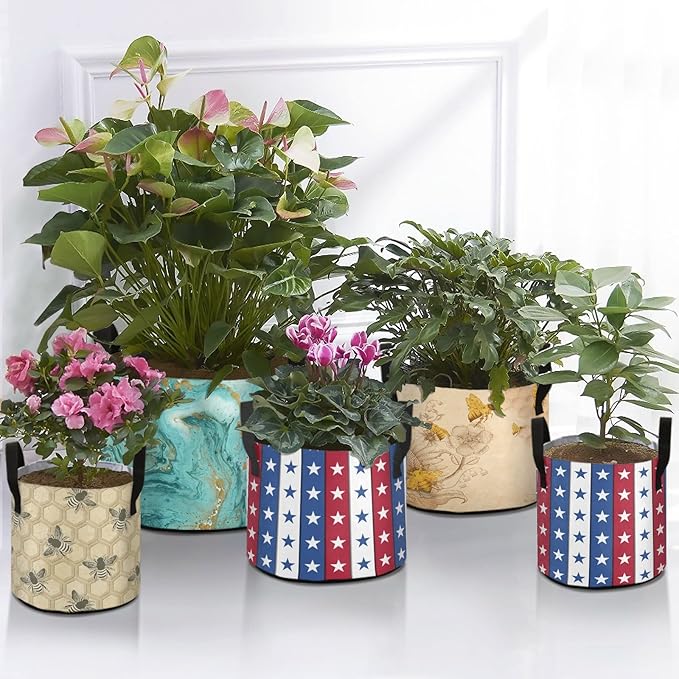 5 Gallon 4th of July Independence Day Stars Stripes Breathable Grow Bag Heavy Duty Thickened Plant Pots Containers with Handles for Tomato Potato Fruits Vegetables Flowers