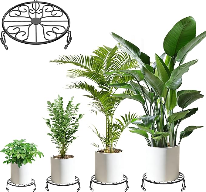 8" 9" 10" 11" 4-Pack Wrought Iron Plant Stands for Outdoor & Indoor Use, Heavy Duty Rustproof Metal Pot Stand Holder, Single Short Round Black Base for Patio Garden Porch Plants Flower Pots Planter Riser