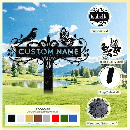 Custom Metal Garden Sign with Stake, Personalized Bird & Butterfly Garden Signs for Outside, Customized Garden Name Signs for Yard Lawn Outdoor Decor Gardening Gifts for Moms Grandmas Gardeners