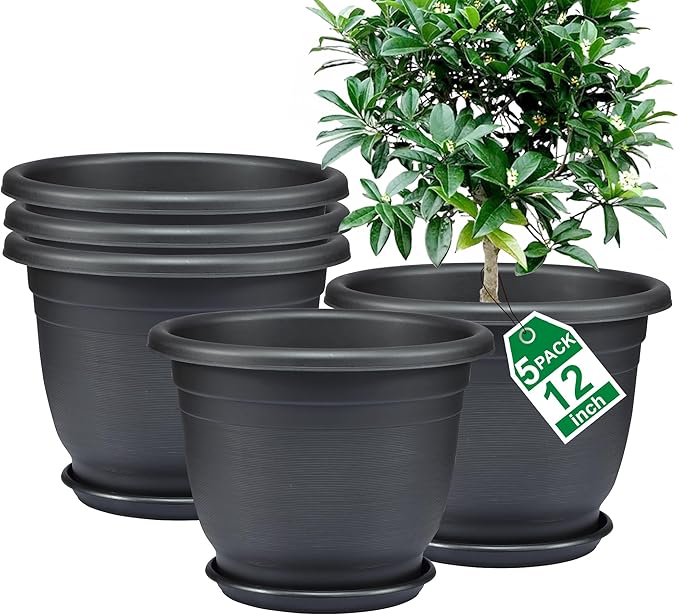5 Packs 12 inch Flower Pots + Saucer, Planters for Indoor & Outdoor Plants with Drainage Holes | Plastic Flower Pots, Large Planter (Black, 12 inch)