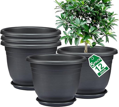 5 Packs 12 inch Flower Pots + Saucer, Planters for Indoor & Outdoor Plants with Drainage Holes | Plastic Flower Pots, Large Planter (Black, 12 inch)
