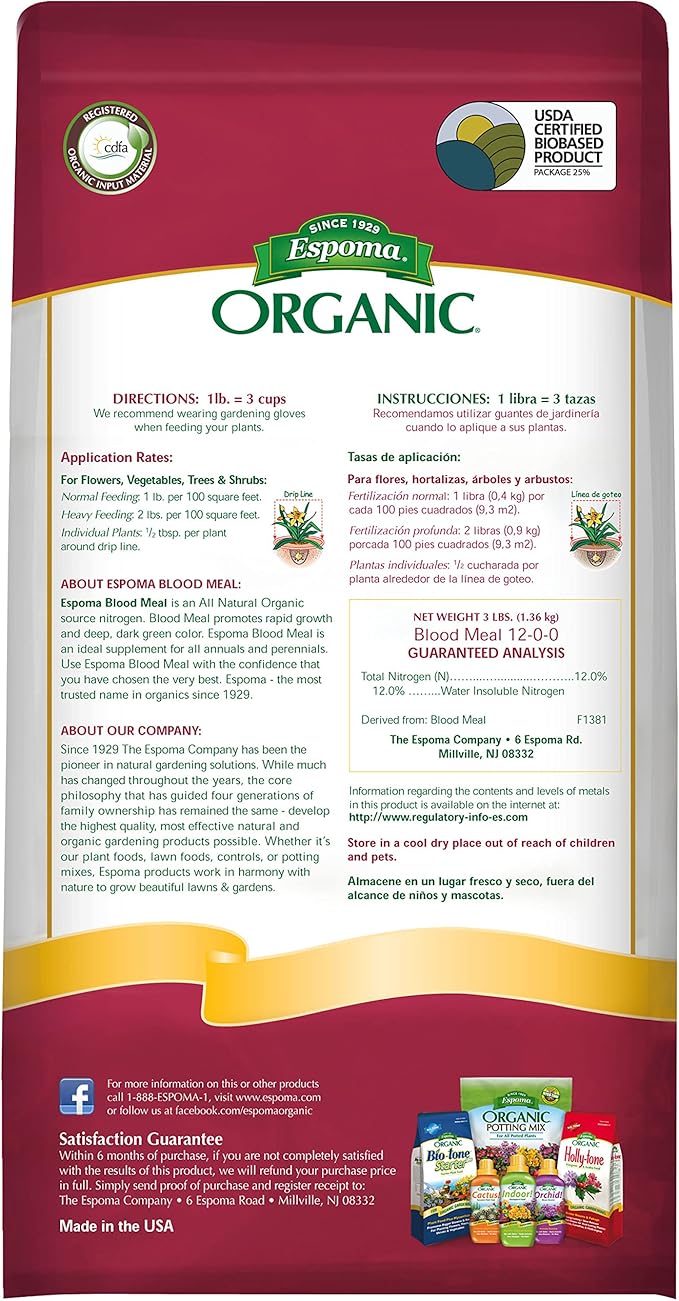 Espoma Organic Blood Meal Fertilizer 12-0-0 . All-Natural Plant Food Source of Nitrogen for Organic Gardening. For Flowers, Vegetables, Trees & Shrubs. 3 lb. Bag..