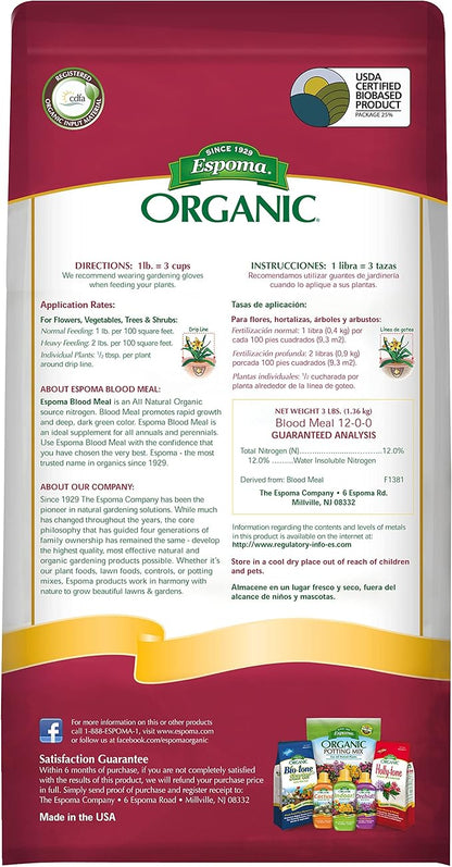 Espoma Organic Blood Meal Fertilizer 12-0-0 . All-Natural Plant Food Source of Nitrogen for Organic Gardening. For Flowers, Vegetables, Trees & Shrubs. 3 lb. Bag..