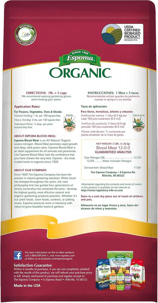 Espoma Organic Blood Meal Fertilizer 12-0-0 . All-Natural Plant Food Source of Nitrogen for Organic Gardening. For Flowers, Vegetables, Trees & Shrubs. 3 lb. Bag..