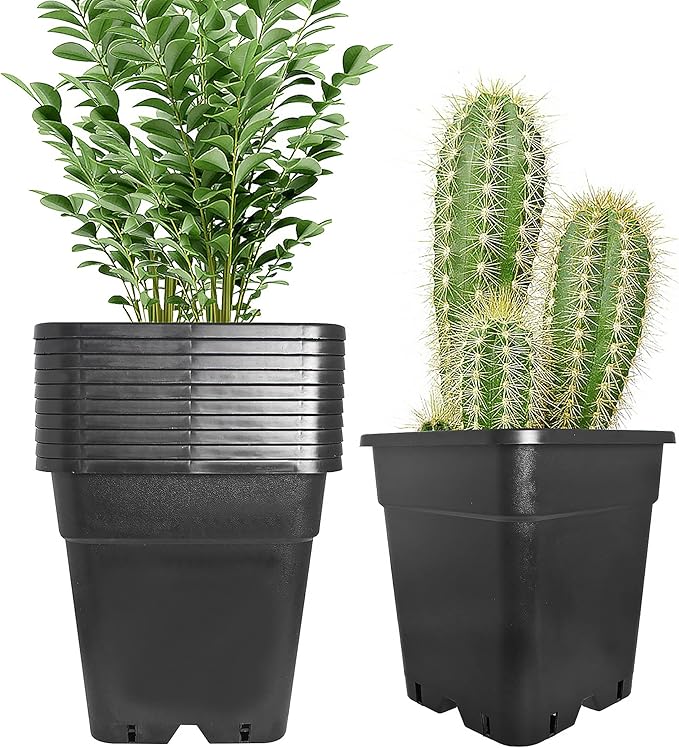 10 Pack Square Planter Nursery Pots 5.2 Gallon Pots for Plants, Plastic Flower Pots, Black Grower Pots with Drainage Hole for Indoor and Outdoor