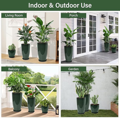 24/21/12 Inch Large Plastic Planter, Lightweight Ceramic-Look Tall Planters with Drain Hole & Saucers, Tall Plastic Planters for Porch, Garden, Patio, Balcony(Dark Green)