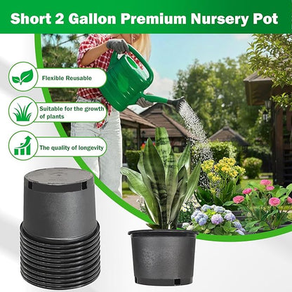 Short 2 Gallon Pots for Plants, Sturdy Plastic Planter Pots with Drainage Holes, Large Plastic Planters, Garden Planter Pots for Seedlings, Succulents
