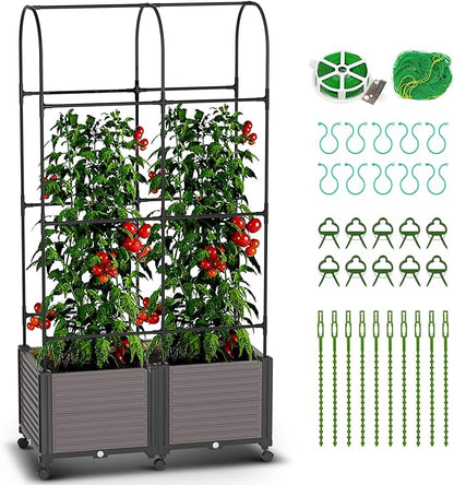 DoCred Raised Garden Bed Planter Box with Trellis for Climbing Vegetables Plants, Tomatoes Planters Outdoor Tomato Cage with Wheels, Indoor Outdoor Use