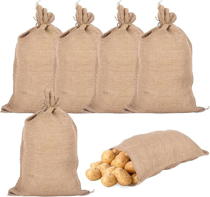 Klmnop 6 Pack Natural Burlap Bags with Drawstring, 16x24 Inch Reusable Jute Potato Sacks with Rope for Potatoes, Onions, Vegetables, Plants, and Large Gift Packaging