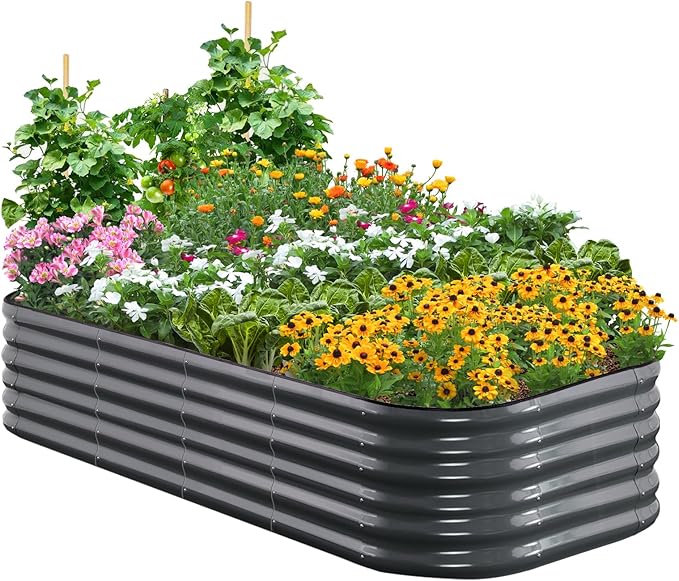 Quictent Galvanized Raised Garden Bed Kit, 6x3x1.5 ft Oval Metal Planter Box Tall for Vegetables Outdoor Backyard, Strengthened by Crossbar, Dark Gray