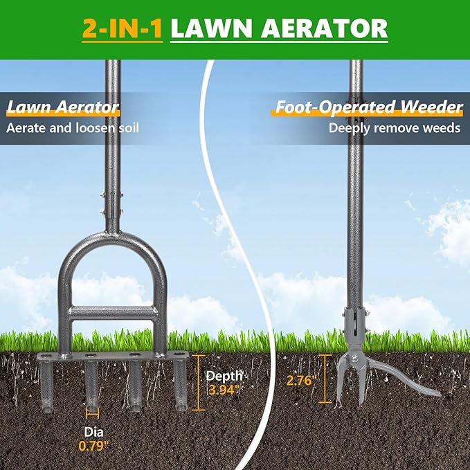 2-in-1 Lawn Aerator Tool - Adjustable Height with 4 Hollow Aeration Tines, High-Strength Anti-Rust Carbon Steel, Foot-Operated Weed Puller & Lawn Aerator for Garden Lawn Care & Compacted Soil Aeration
