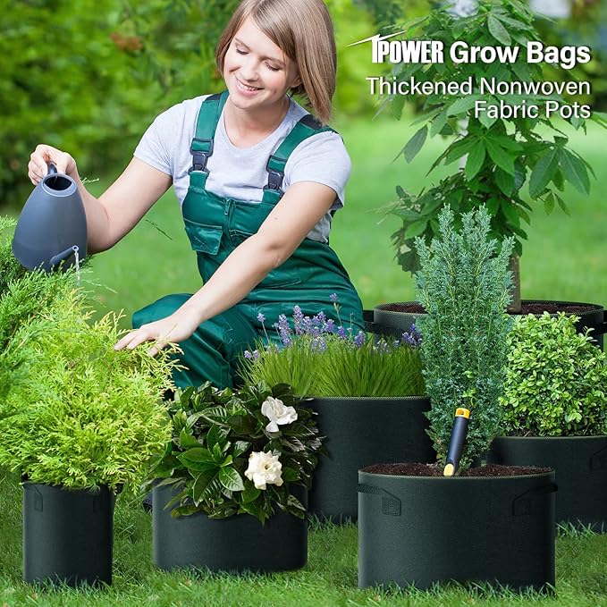 iPower 5-Gallon 10-PCS Thickened Grow Bag Nonwoven Fabric Pots with Handles Heavy Duty Aeration Container for Garden and Planting Vegetable Flowers, Black with Green Stitch Sewing