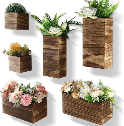 6 Pack Rustic Wood Wall Planters Hanging Wall Planters Pocket Vases Hanging Decor Vase for Plants Dried Flowers Faux Greenery Plants Indoor Living Room Bedroom Farmhouse Home Decor(5 Sizes)