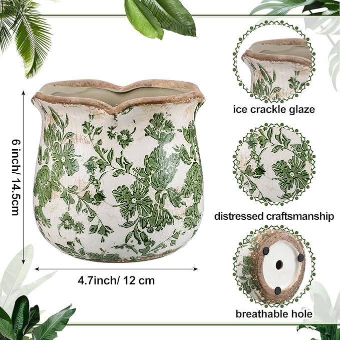 6 Inch Ceramic Planter Green Scroll Planter Decorative Plant Pots with Crackle Glaze for Home Garden Kitchen