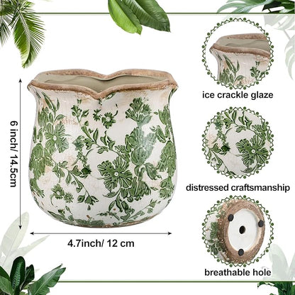 6 Inch Ceramic Planter Green Scroll Planter Decorative Plant Pots with Crackle Glaze for Home Garden Kitchen
